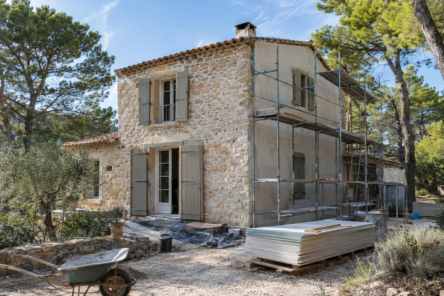 Maison de pierre provençale en chantier à Gémenos : échafaudage léger et pins en arrière-plan