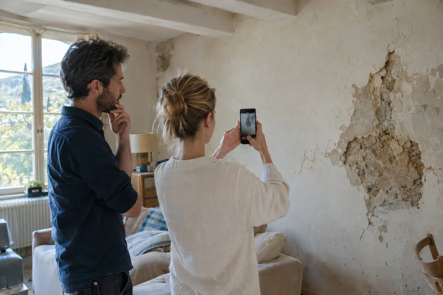 Un couple photographie ses pièces à rénover avec un téléphone pour demander un devis