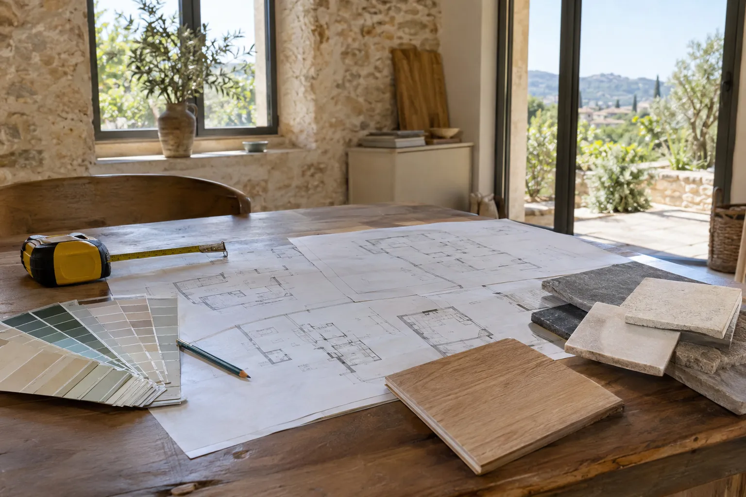 Plans de rénovation, mètre ruban et échantillons de carreaux posés sur une table devant une fenêtre ouverte sur la campagne