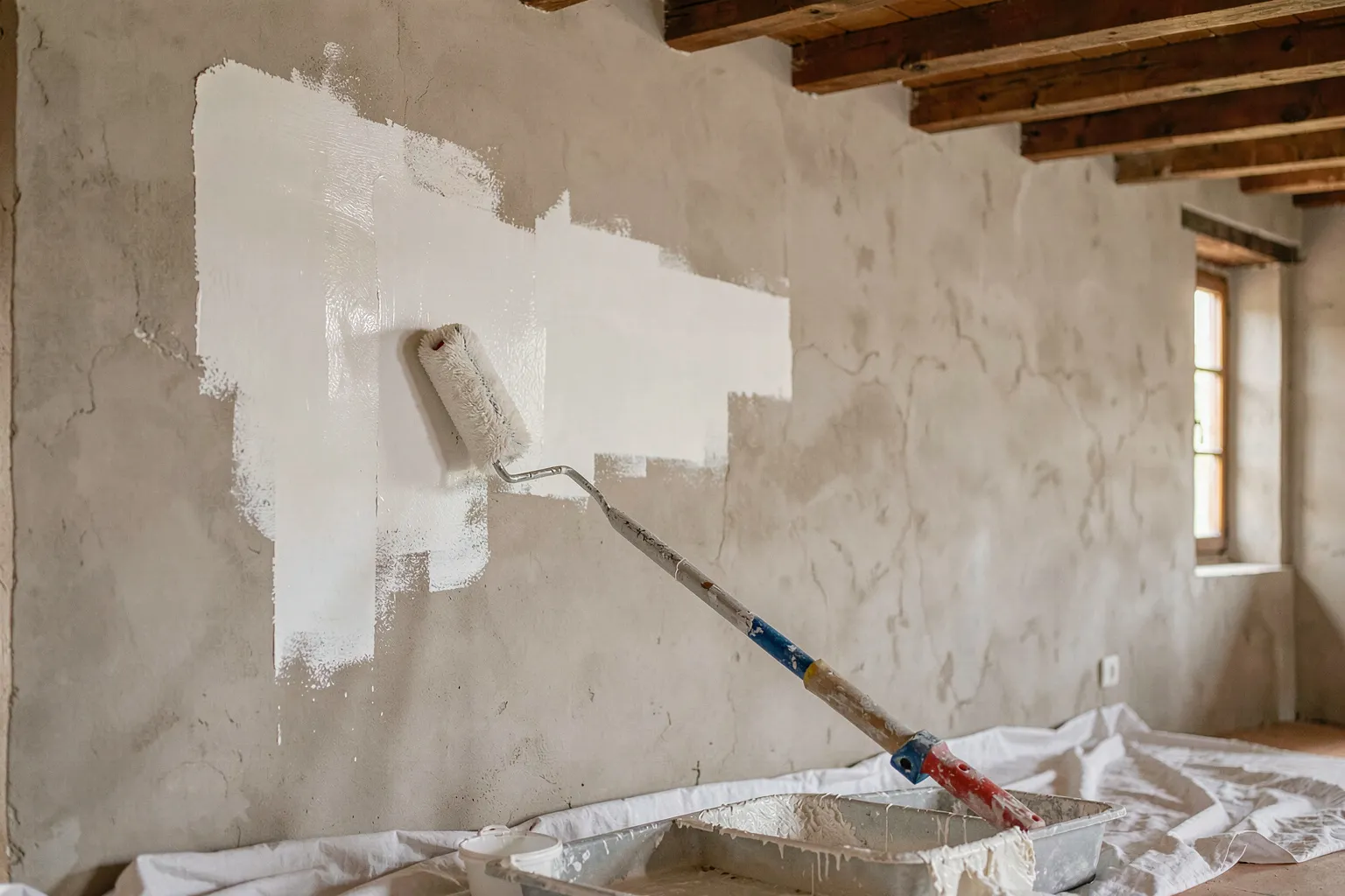 Rouleau de peinture blanche sur un mur enduit à la chaux, poutres apparentes, bâches de protection au sol