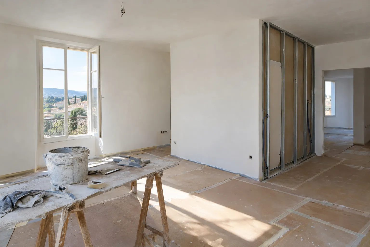 Pièce d'appartement en travaux : cloison neuve en cours de montage, murs lissés et sol protégé