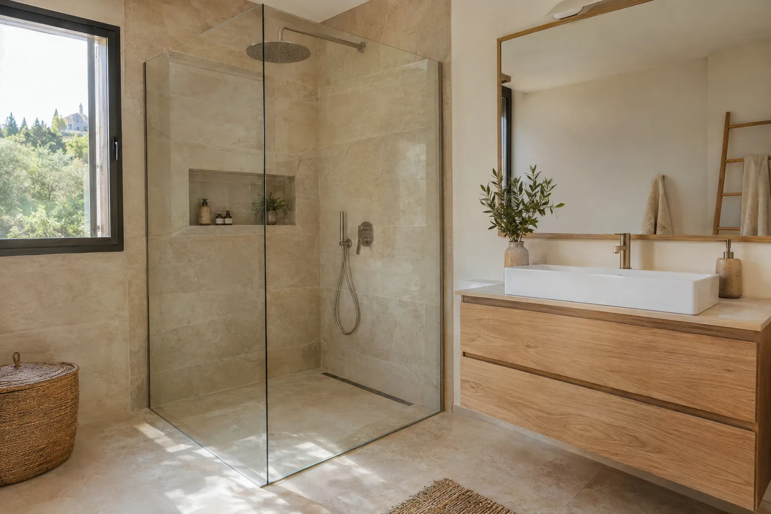 Salle de bain refaite avec douche à l'italienne vitrée, niche carrelée et meuble vasque en bois clair