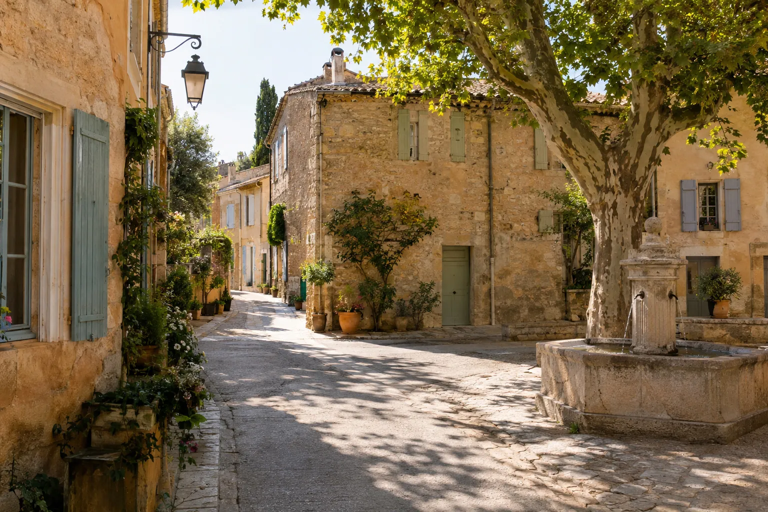 Ruelle ombragée d'un village provençal avec fontaine et façades en pierre